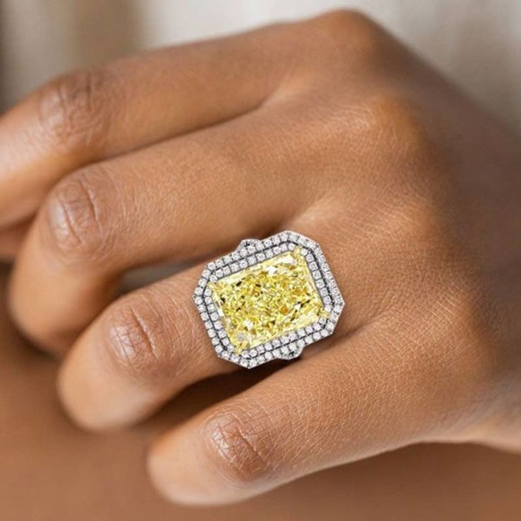 Italo Split Shank Radiant Cut Yellow Double Halo Ring - Picture 4 of 10